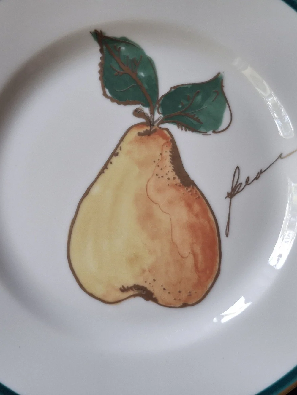 Crate&Barrel Fruit Motif Plates with Green and Gold Trim